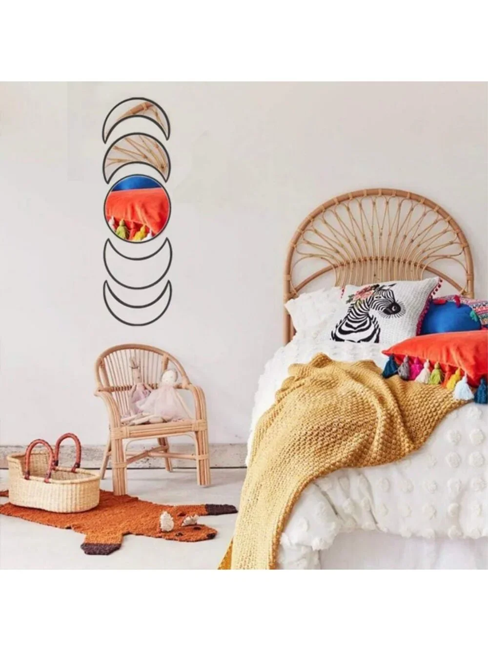 Bohemian 5-Piece Acrylic Wall Decor Set - Wooden Moon Phase Mirror for Living